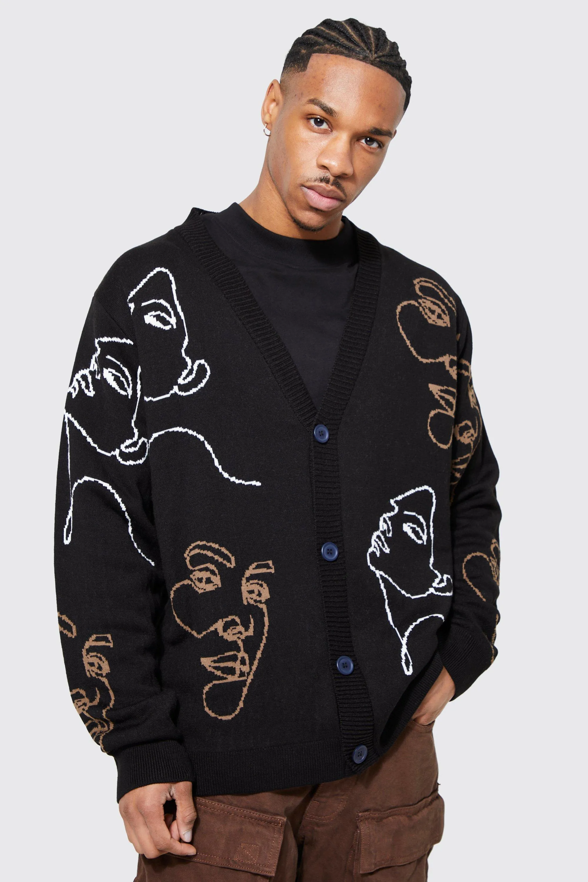 All Over Face Relaxed Knitted Cardigan | boohooMAN UK