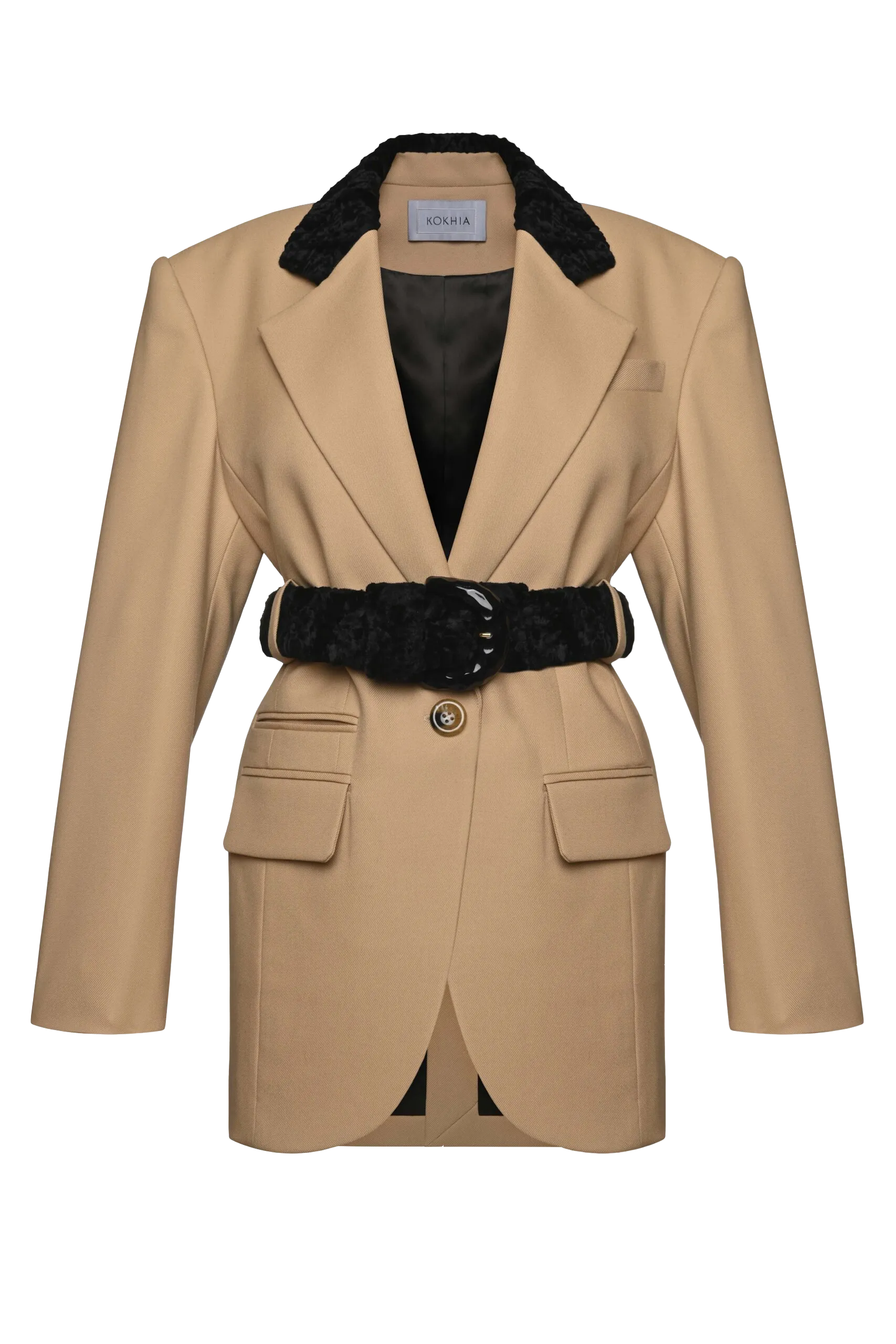 Belted blazer with faux fur collar