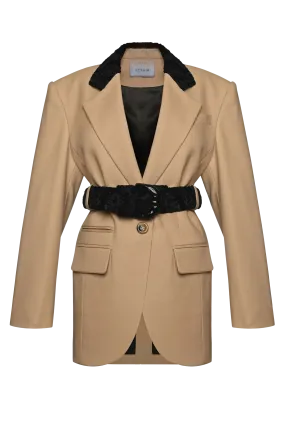 Belted blazer with faux fur collar