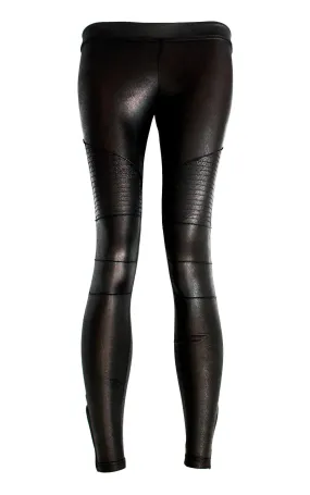 Black vegan leather embroidered biker leggings