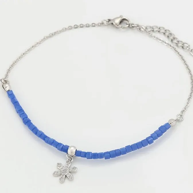 Blue Beads Anklet with Snow Flake Charm