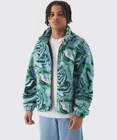 boohooMAN Mens Oversized Printed Borg Fleece Jacket In Blue