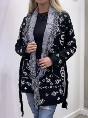 Cardigan nero e grigio fantasia con frangette