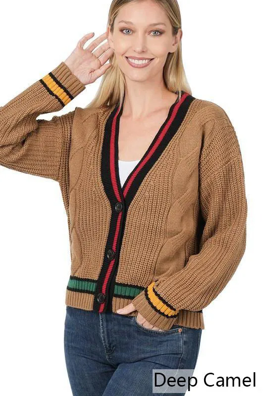 Contrast Trim Cable Knit Cardigan