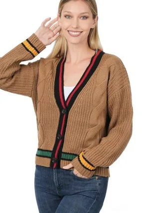 Contrast Trim Cable Knit Cardigan