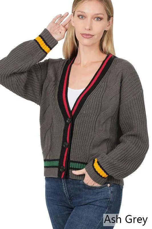 Contrast Trim Cable Knit Cardigan