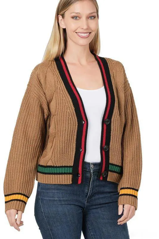 Contrast Trim Cable Knit Cardigan