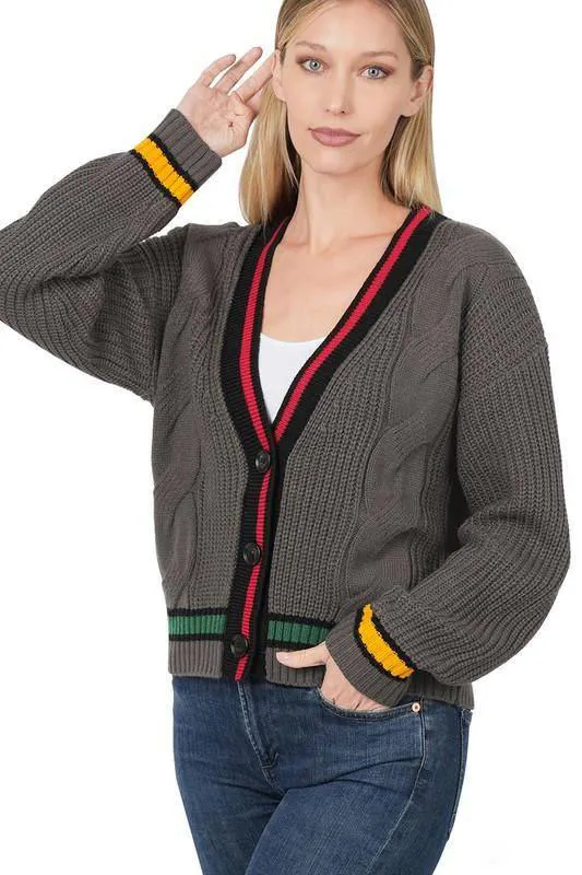 Contrast Trim Cable Knit Cardigan