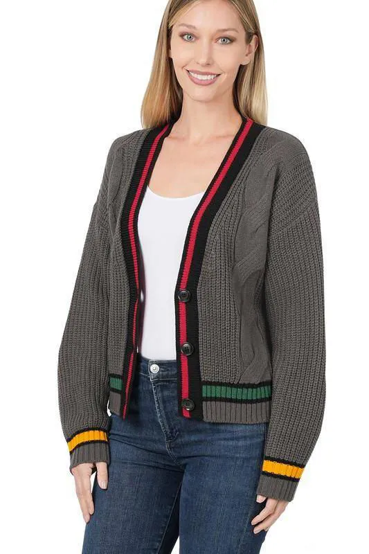 Contrast Trim Cable Knit Cardigan