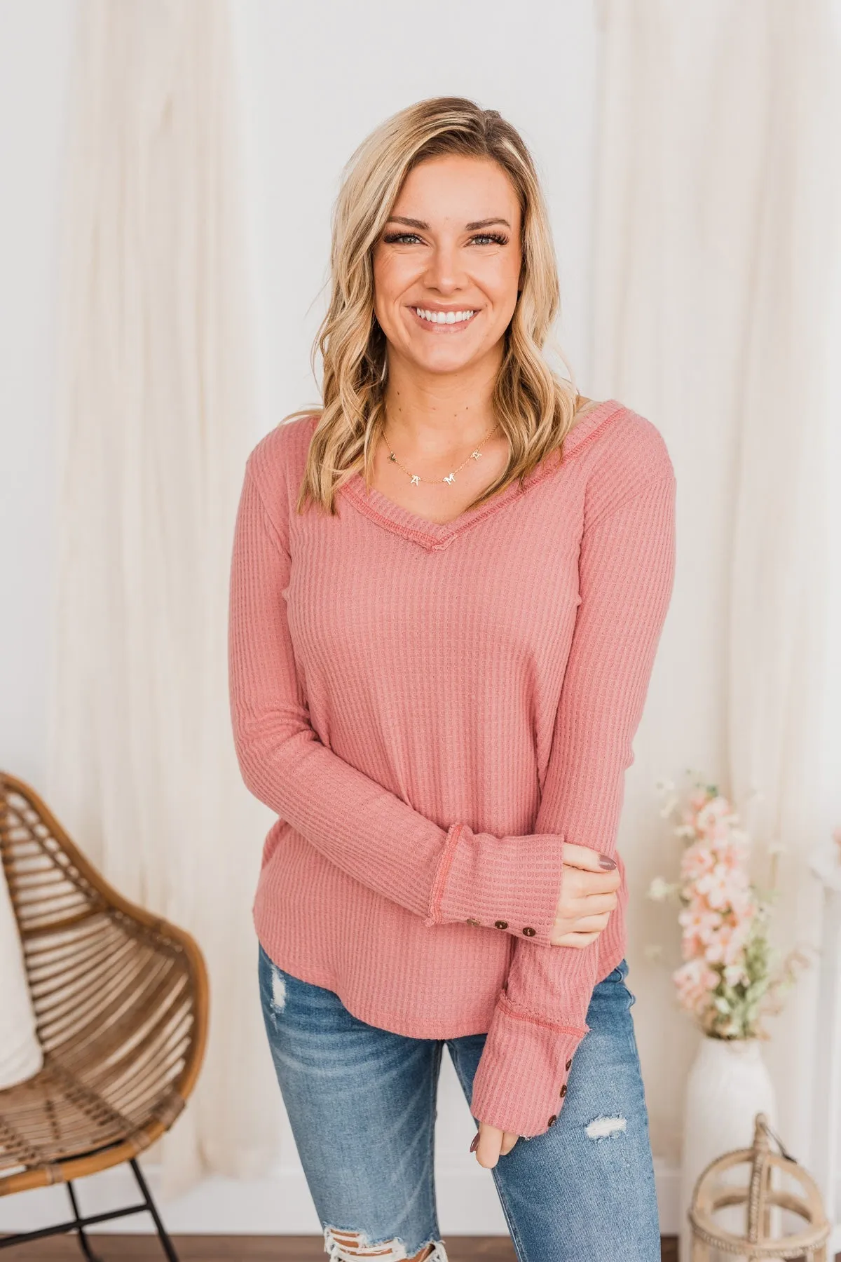 Cozy Up Waffle Knit Long Sleeve Top- Pink