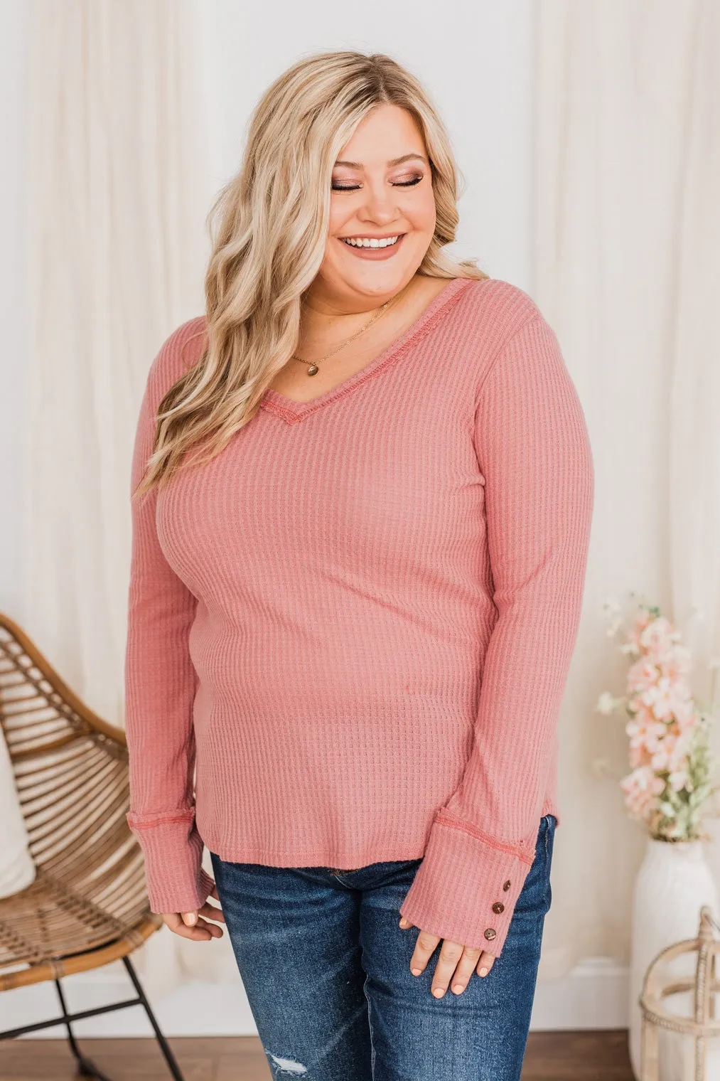 Cozy Up Waffle Knit Long Sleeve Top- Pink