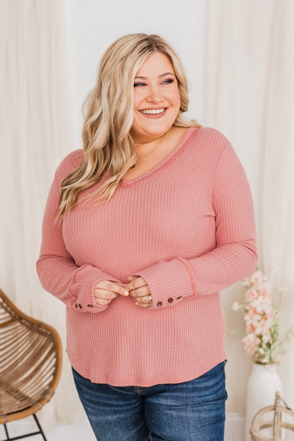 Cozy Up Waffle Knit Long Sleeve Top- Pink