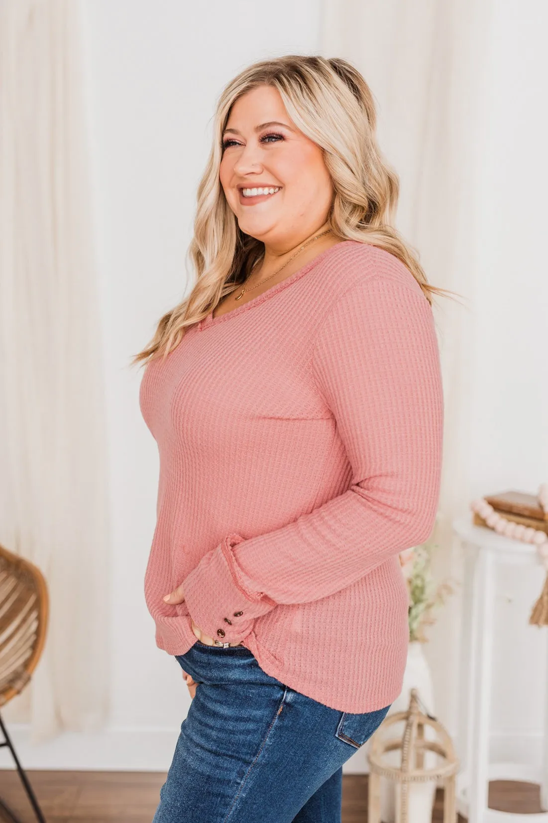 Cozy Up Waffle Knit Long Sleeve Top- Pink