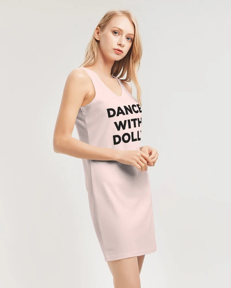 DANCE WITH DOLLY WITH PINK BALLERINAS Women's Rib Knit V Neck Mini Dress