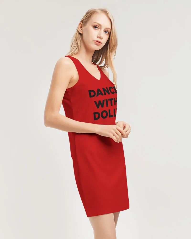 DANCE WITH DOLLY WITH RED BALLERINAS Women's Rib Knit V Neck Mini Dress