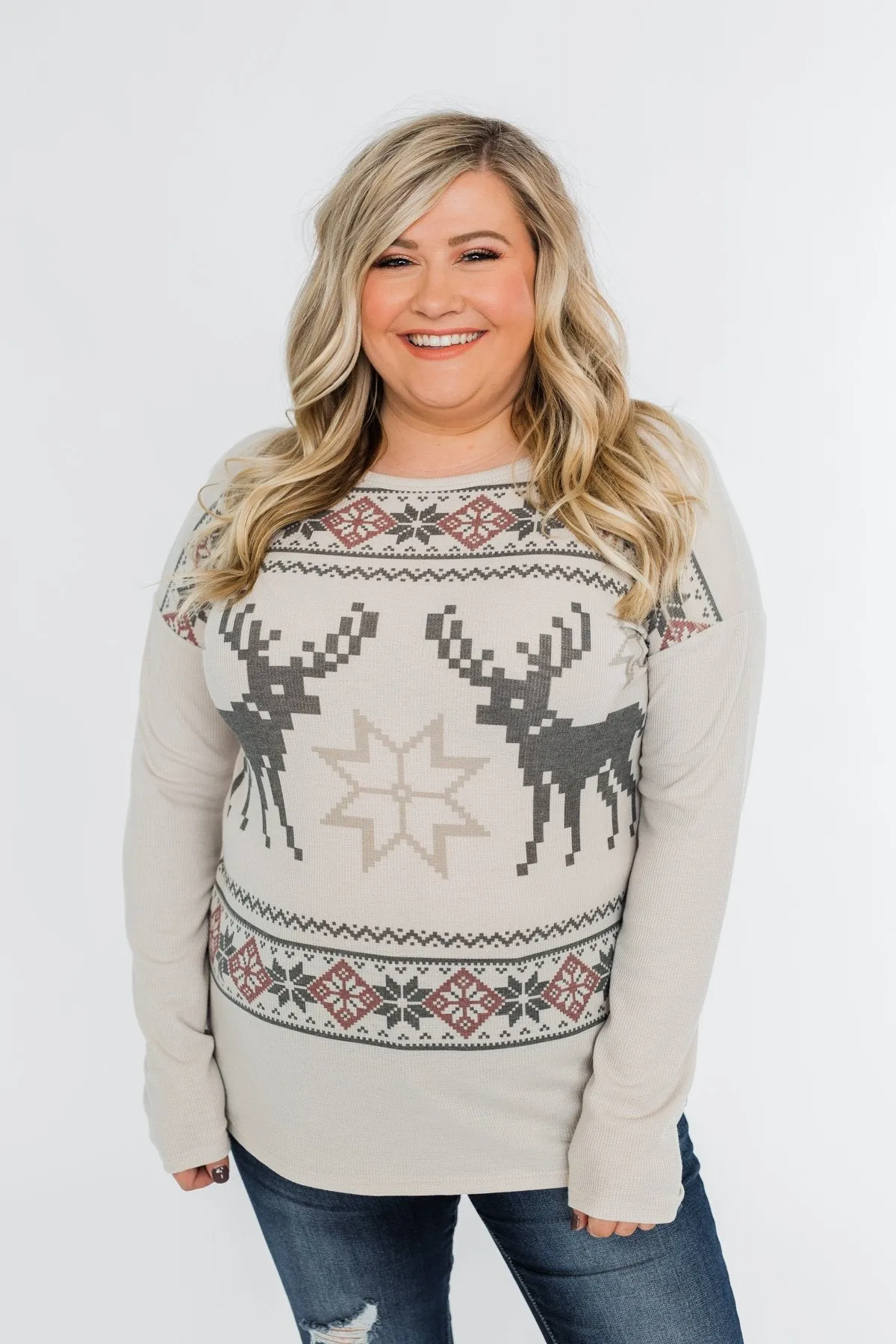 Dashing Through The Snow Thermal Top- Beige