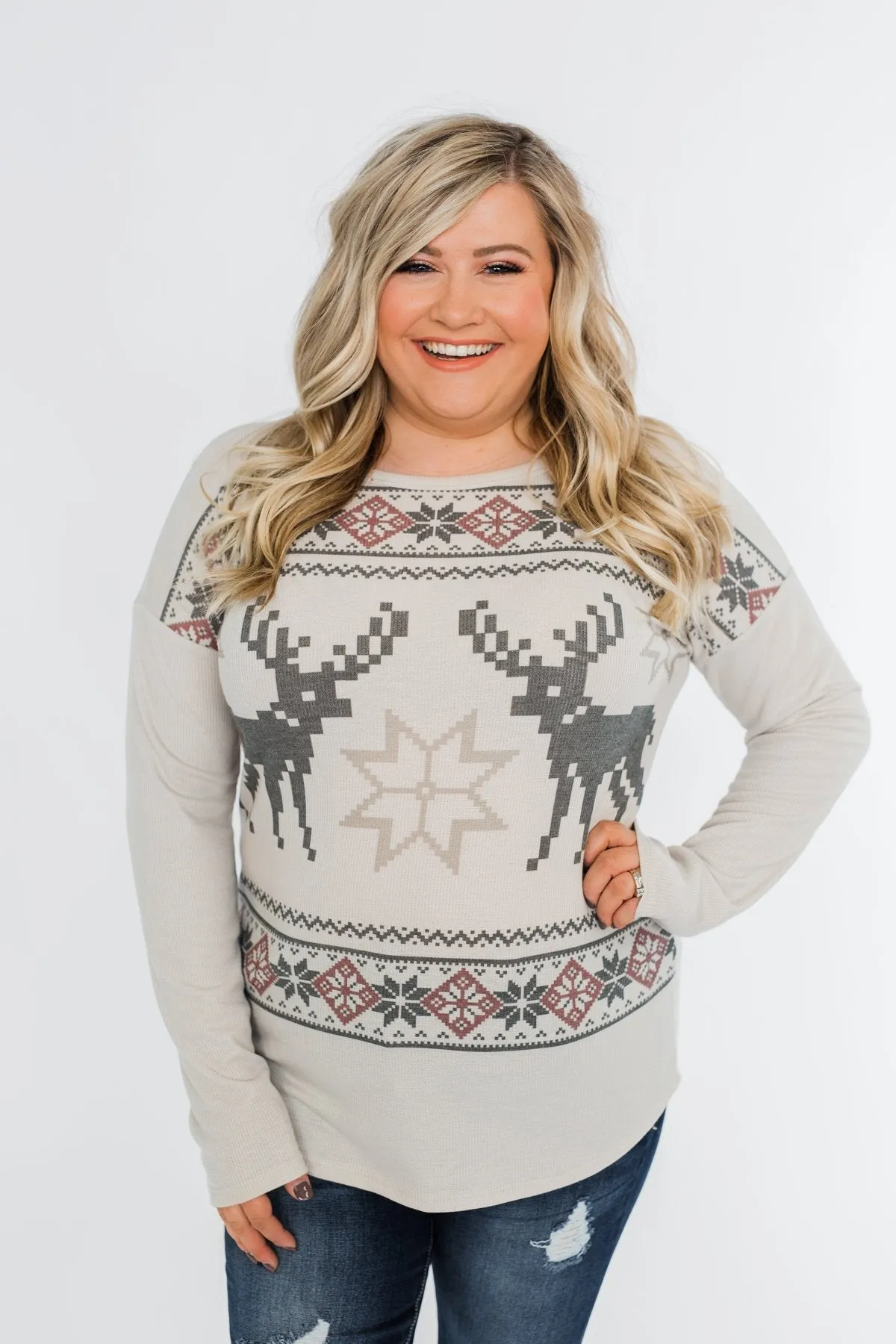 Dashing Through The Snow Thermal Top- Beige