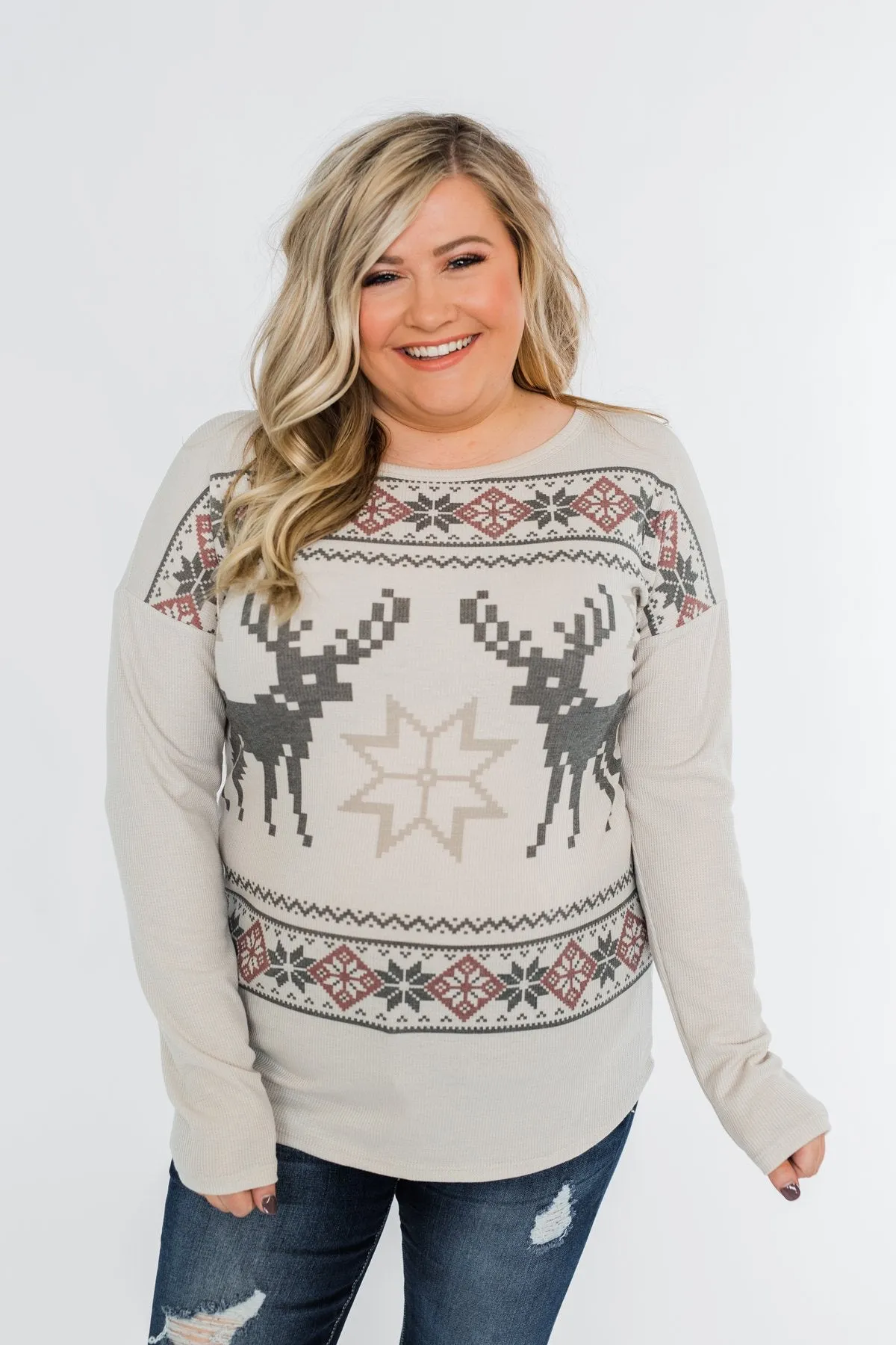 Dashing Through The Snow Thermal Top- Beige