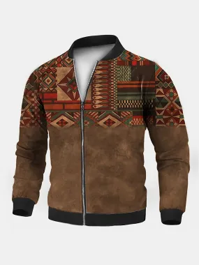 Ethnic Style Pattern Men's Casual Retro Long Sleeve Zip Up Jacket With Stand Collar, Men's Loose Bomber For Fall Winter Outdoor 