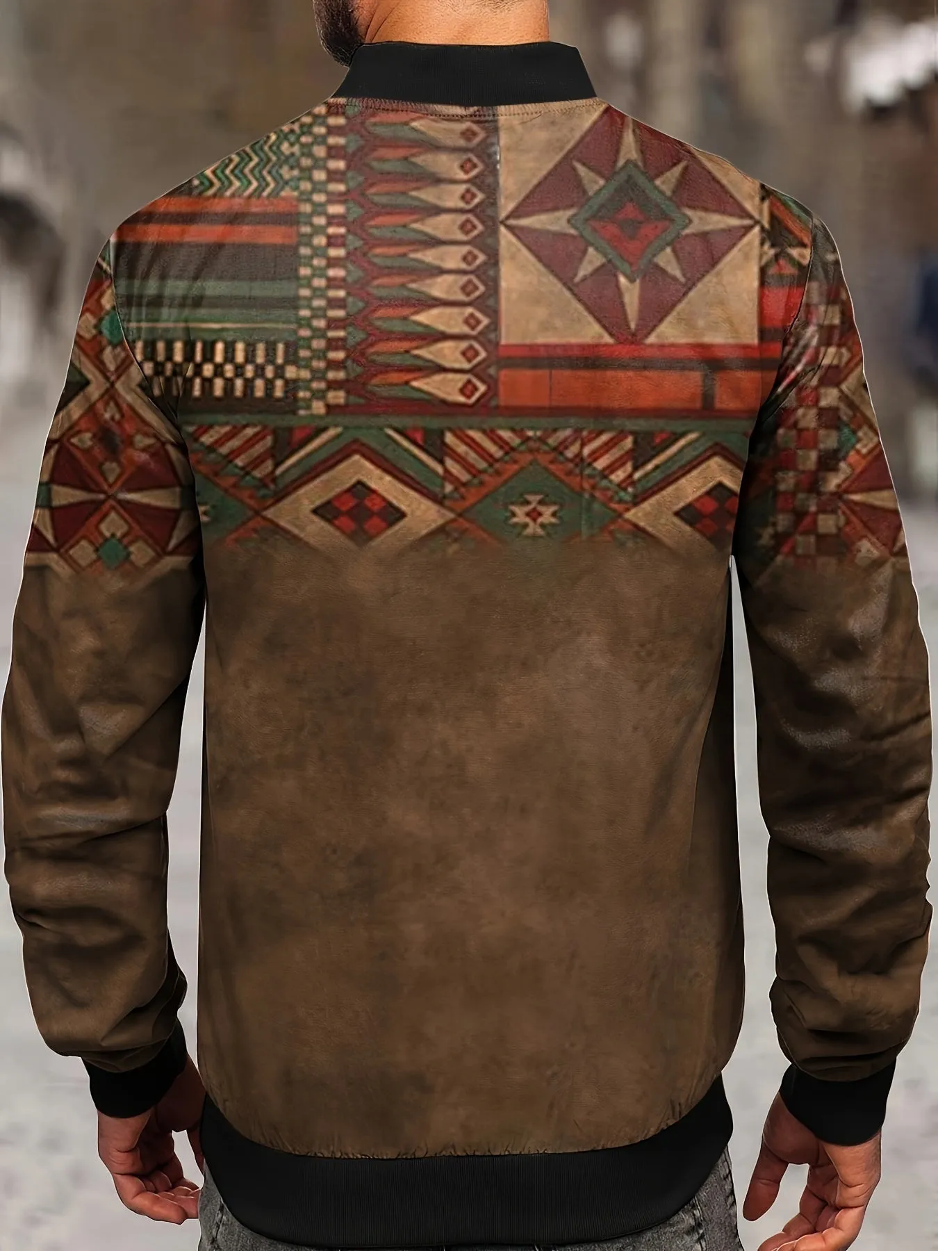 Ethnic Style Pattern Men's Casual Retro Long Sleeve Zip Up Jacket With Stand Collar, Men's Loose Bomber For Fall Winter Outdoor 