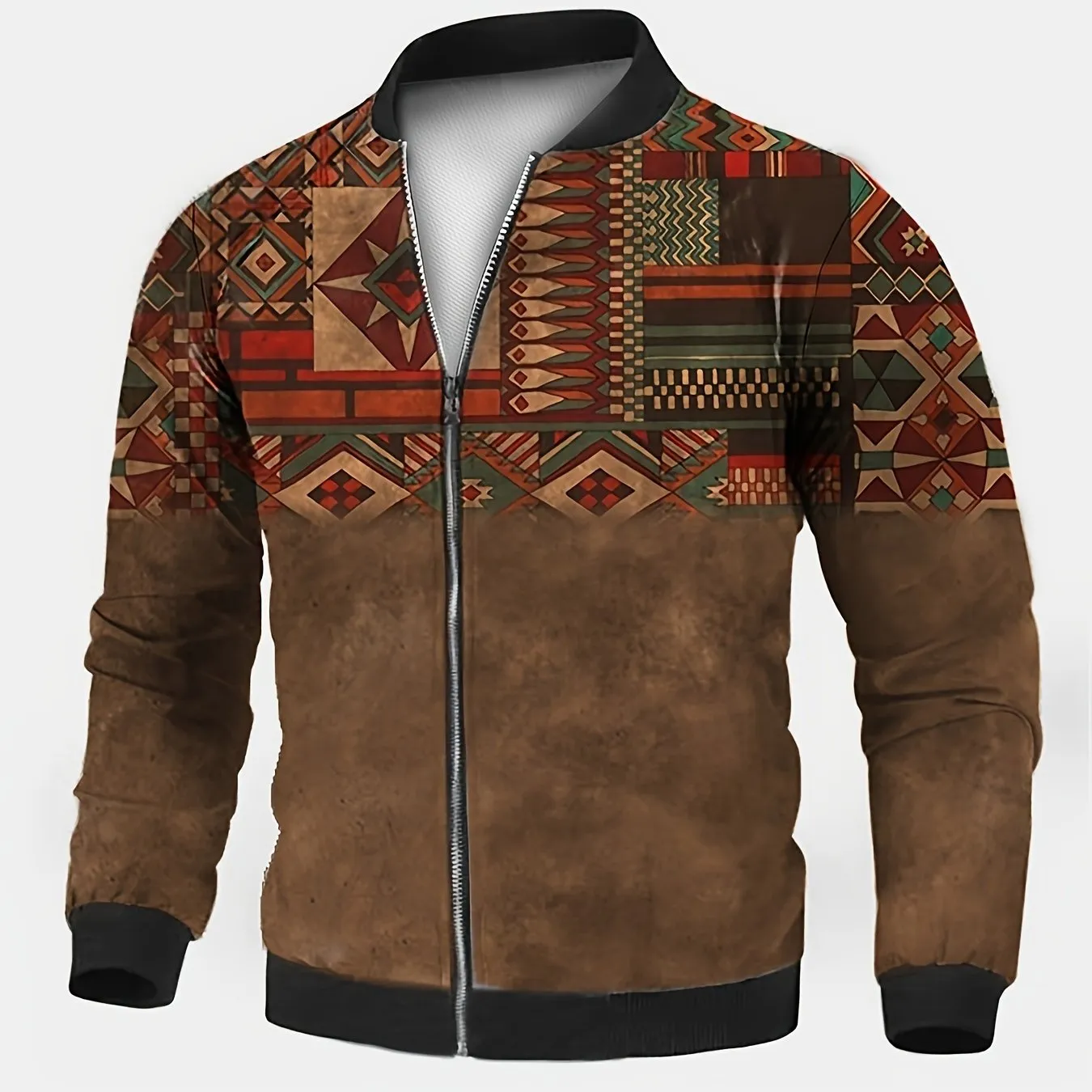 Ethnic Style Pattern Men's Casual Retro Long Sleeve Zip Up Jacket With Stand Collar, Men's Loose Bomber For Fall Winter Outdoor 