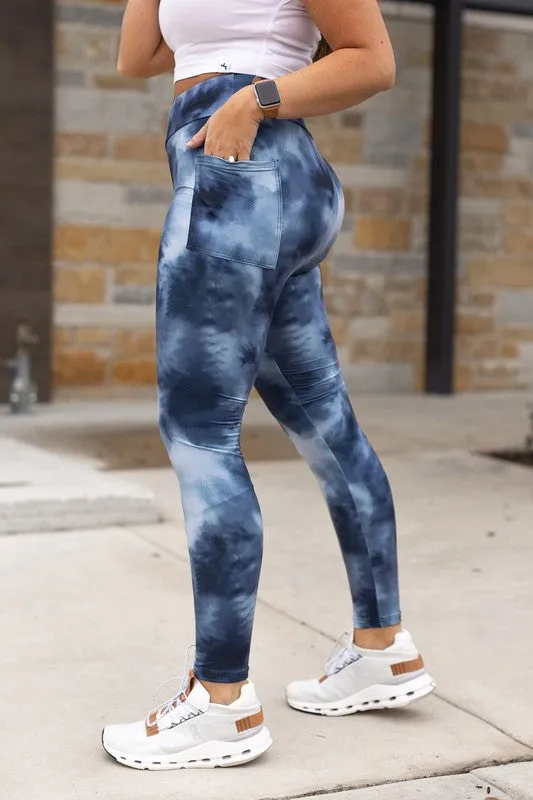 Full Length Leggings with Pockets in Blue Tie-Dye