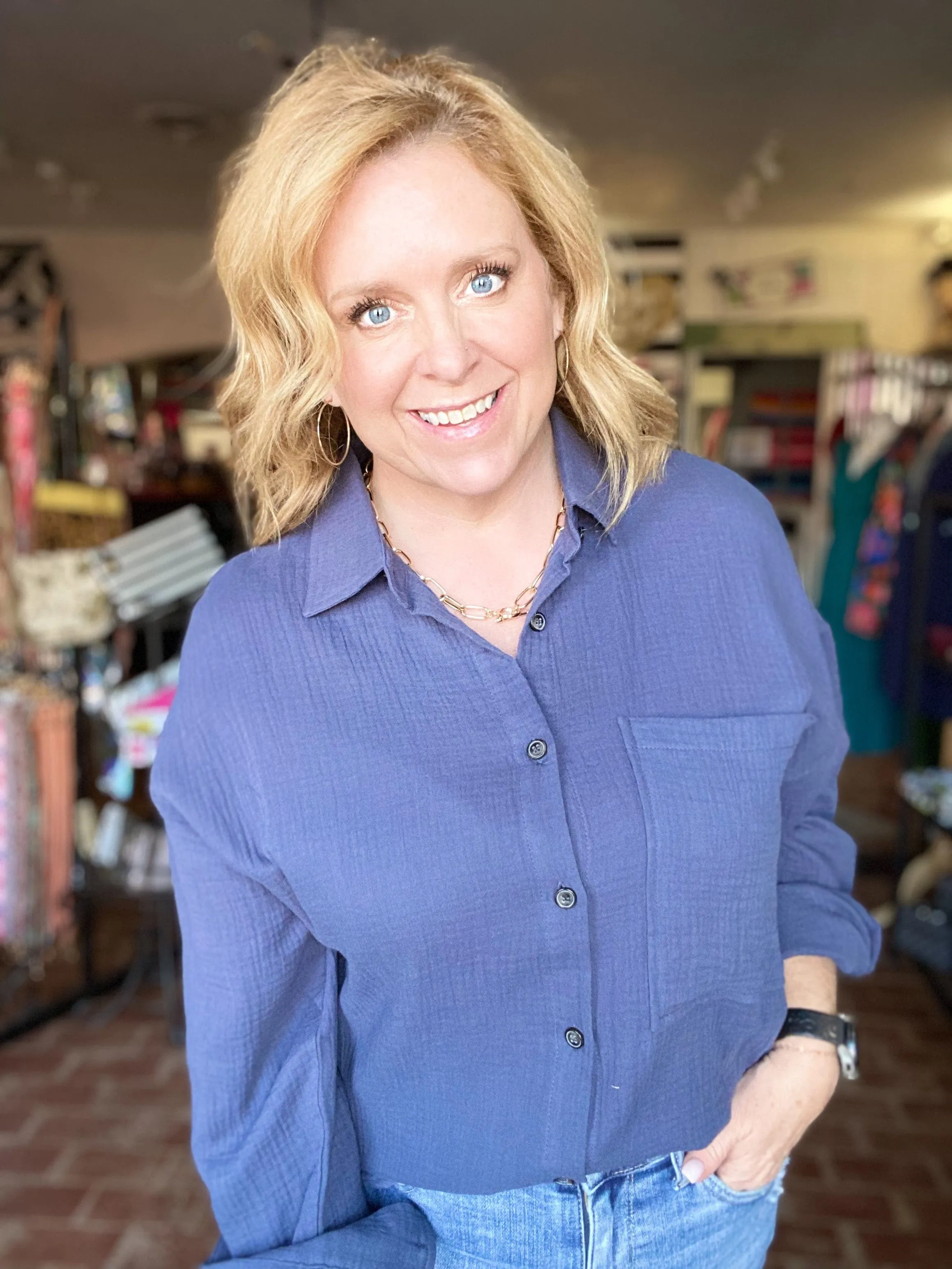 Gauzy Button Down Indigo Top