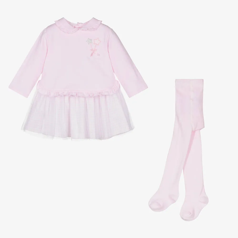 Girls Pink Cotton Dress & Tights Set