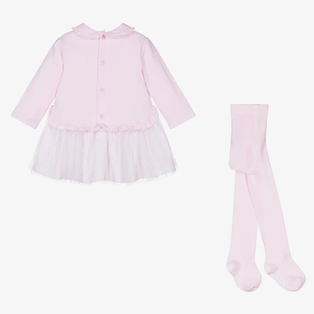 Girls Pink Cotton Dress & Tights Set