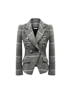 Gray Plaid Wool Notched Collar Blazer