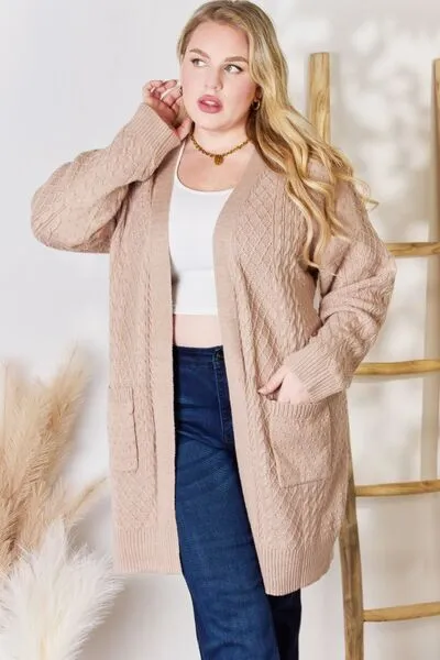 Hailey & Co Full Size Cable-Knit Pocketed Cardigan