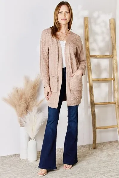 Hailey & Co Full Size Cable-Knit Pocketed Cardigan