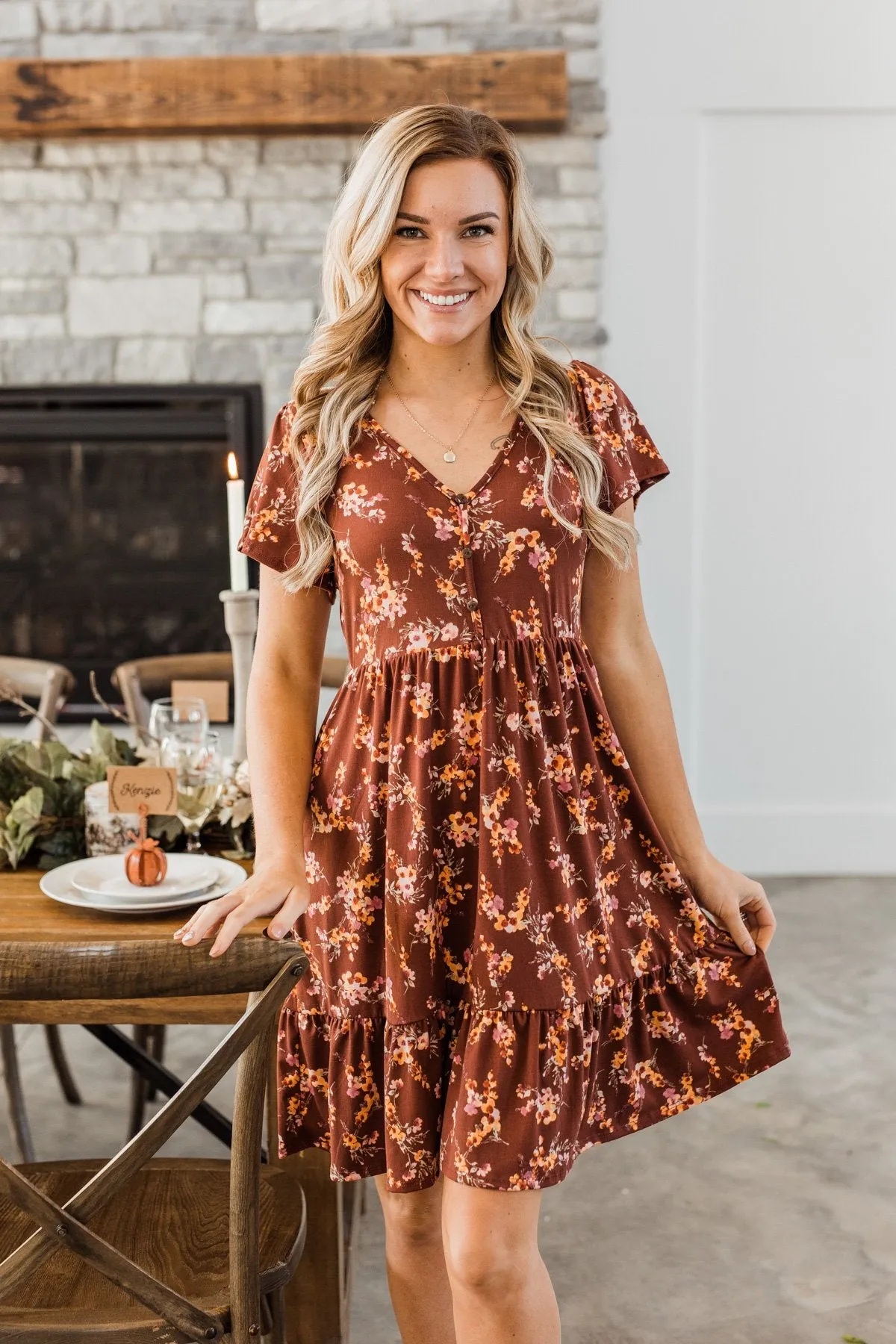 Having Fun Floral Print Dress- Rust