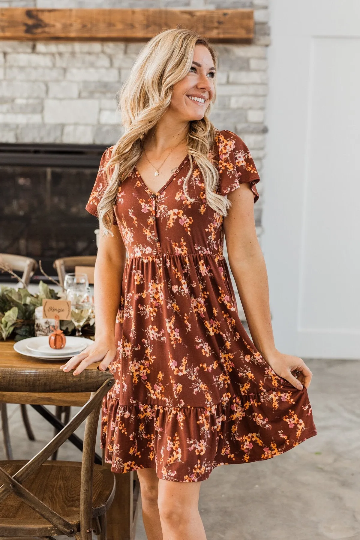 Having Fun Floral Print Dress- Rust