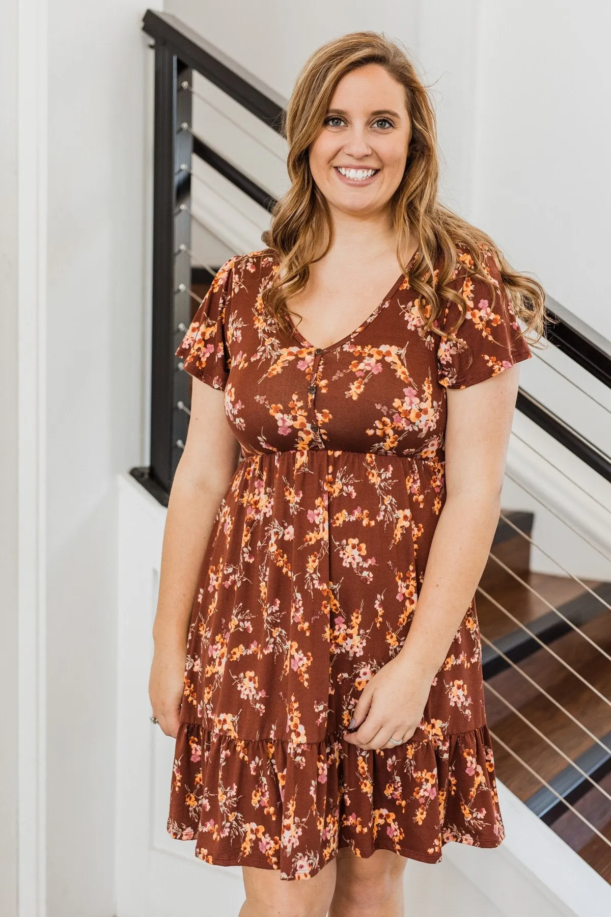 Having Fun Floral Print Dress- Rust