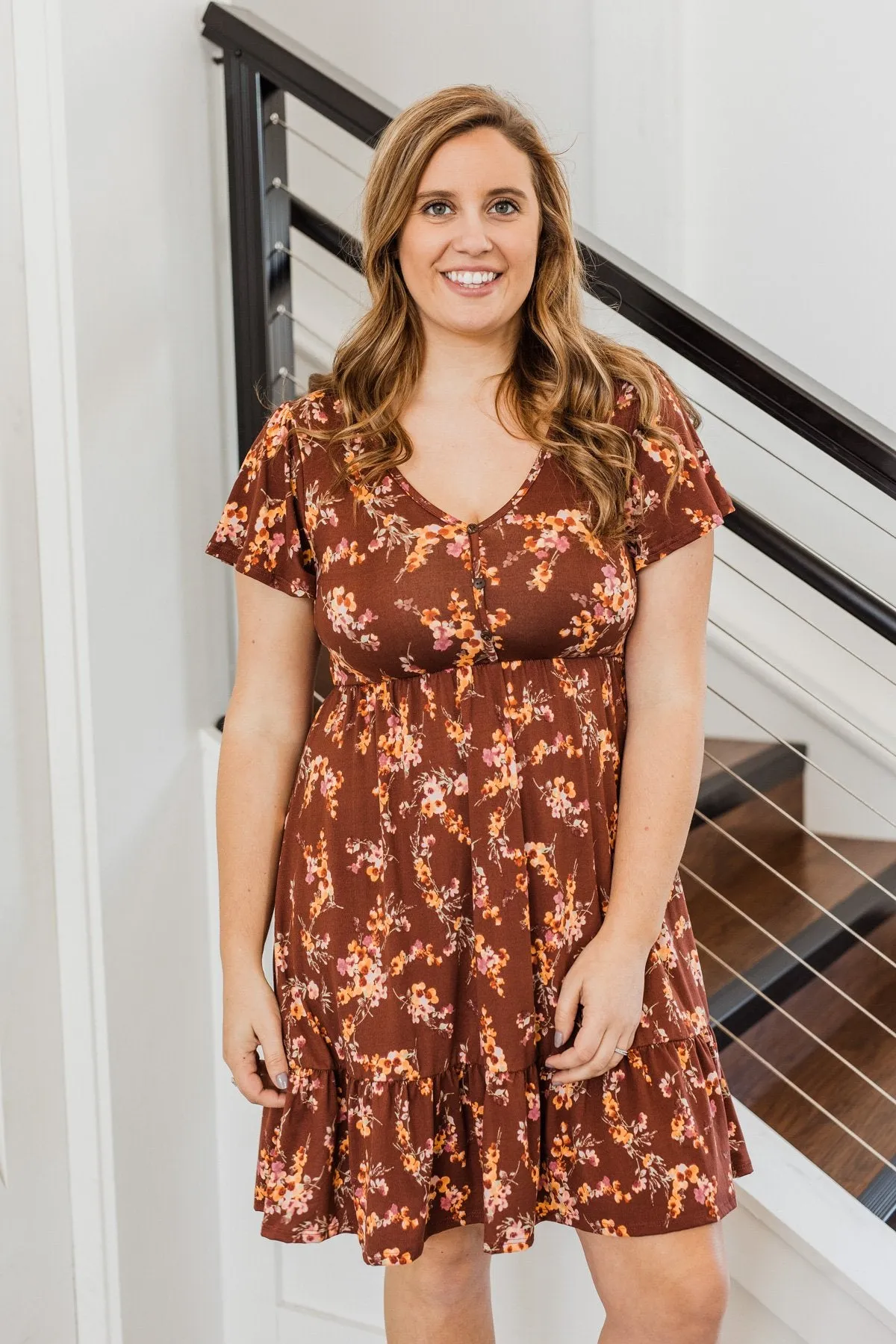 Having Fun Floral Print Dress- Rust