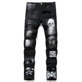 High Quality Black Denim Biker Jeans with Skull Design - Casual Style