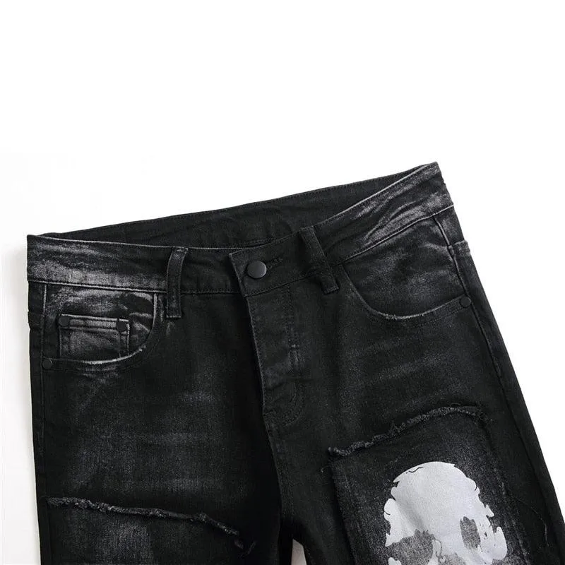 High Quality Black Denim Biker Jeans with Skull Design - Casual Style