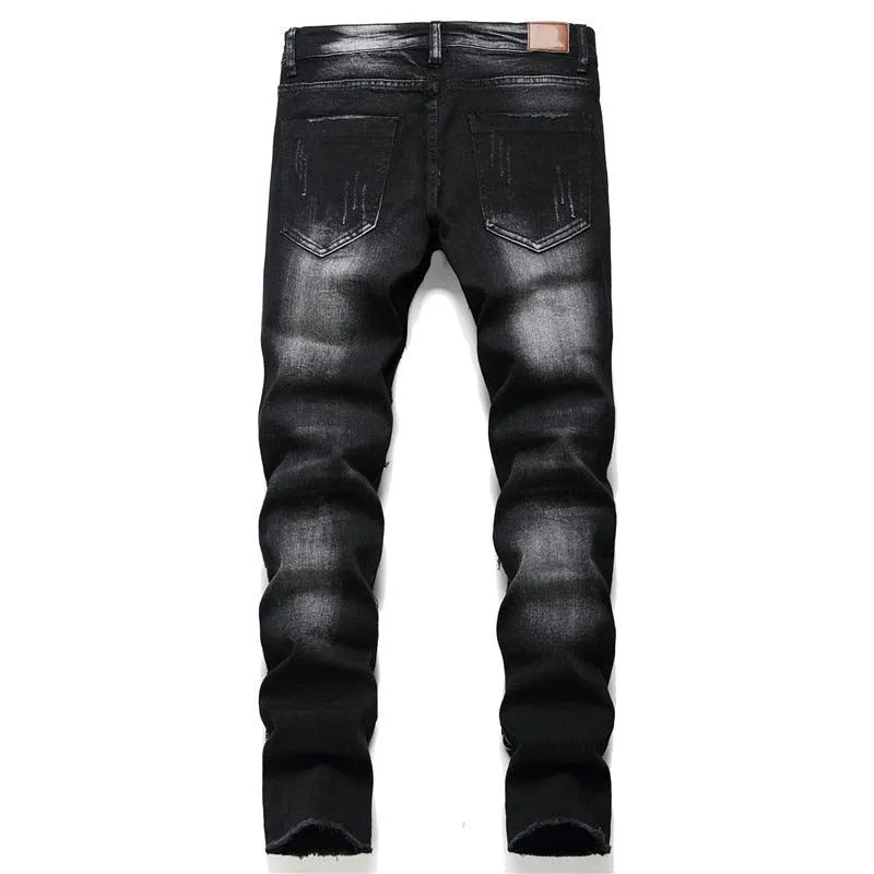 High Quality Black Denim Biker Jeans with Skull Design - Casual Style