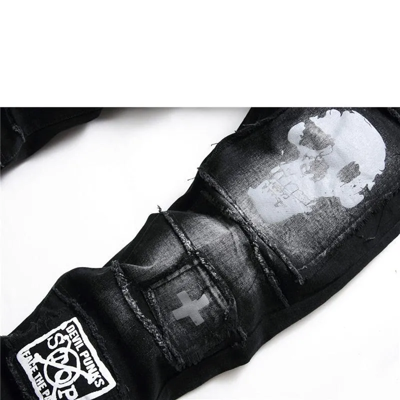 High Quality Black Denim Biker Jeans with Skull Design - Casual Style