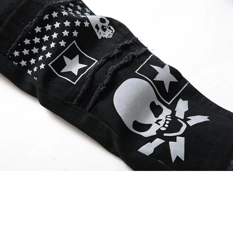 High Quality Black Denim Biker Jeans with Skull Design - Casual Style