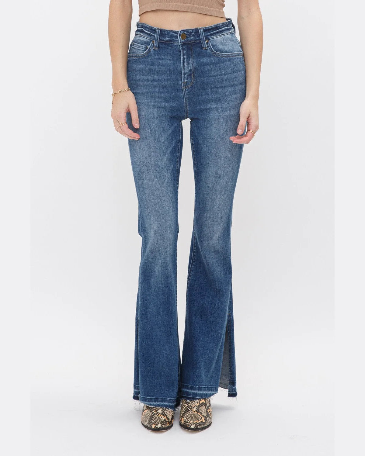 High Rise Flare Jeans w/ Side Slit