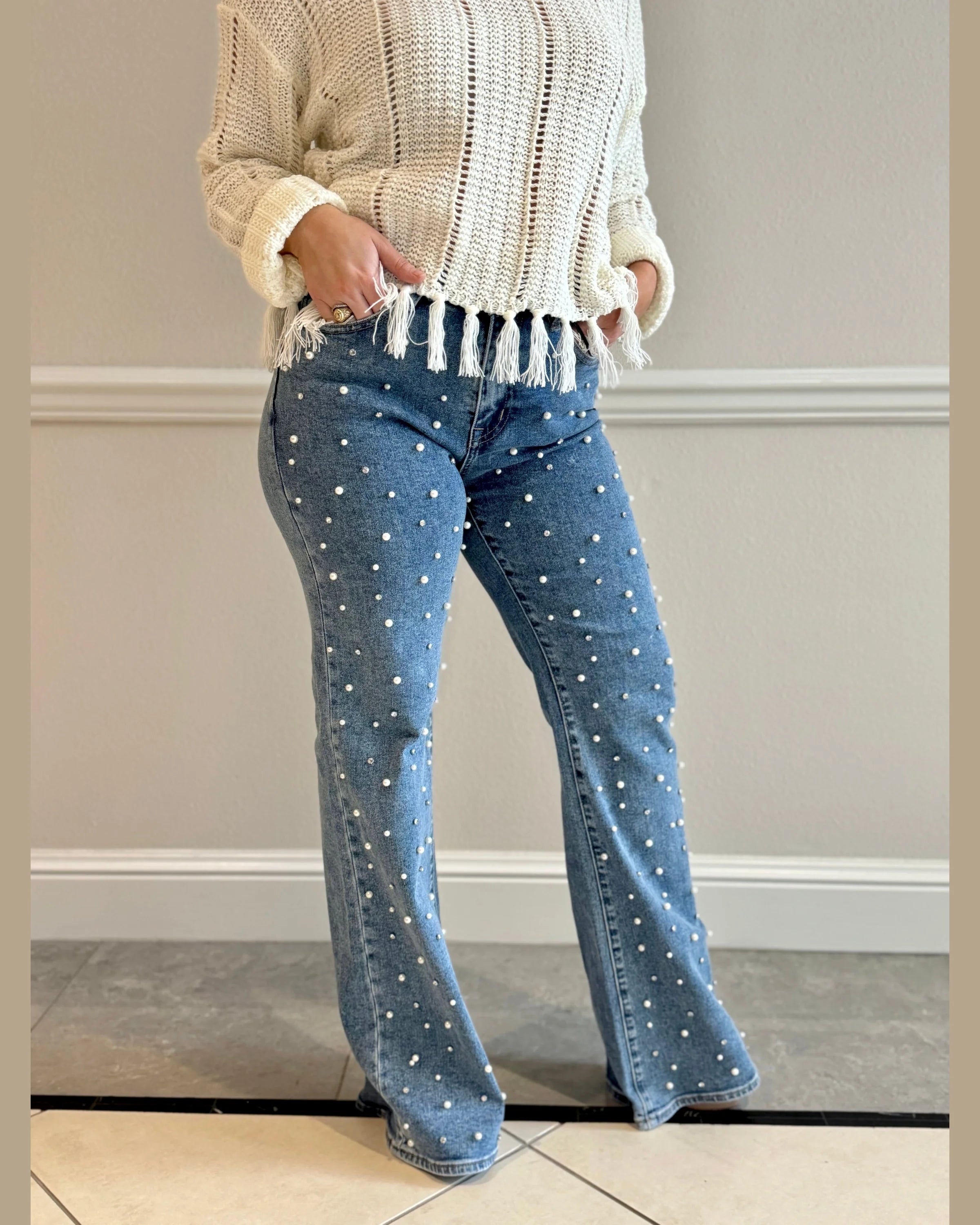 High Rise Wide Leg Pearl Jeans