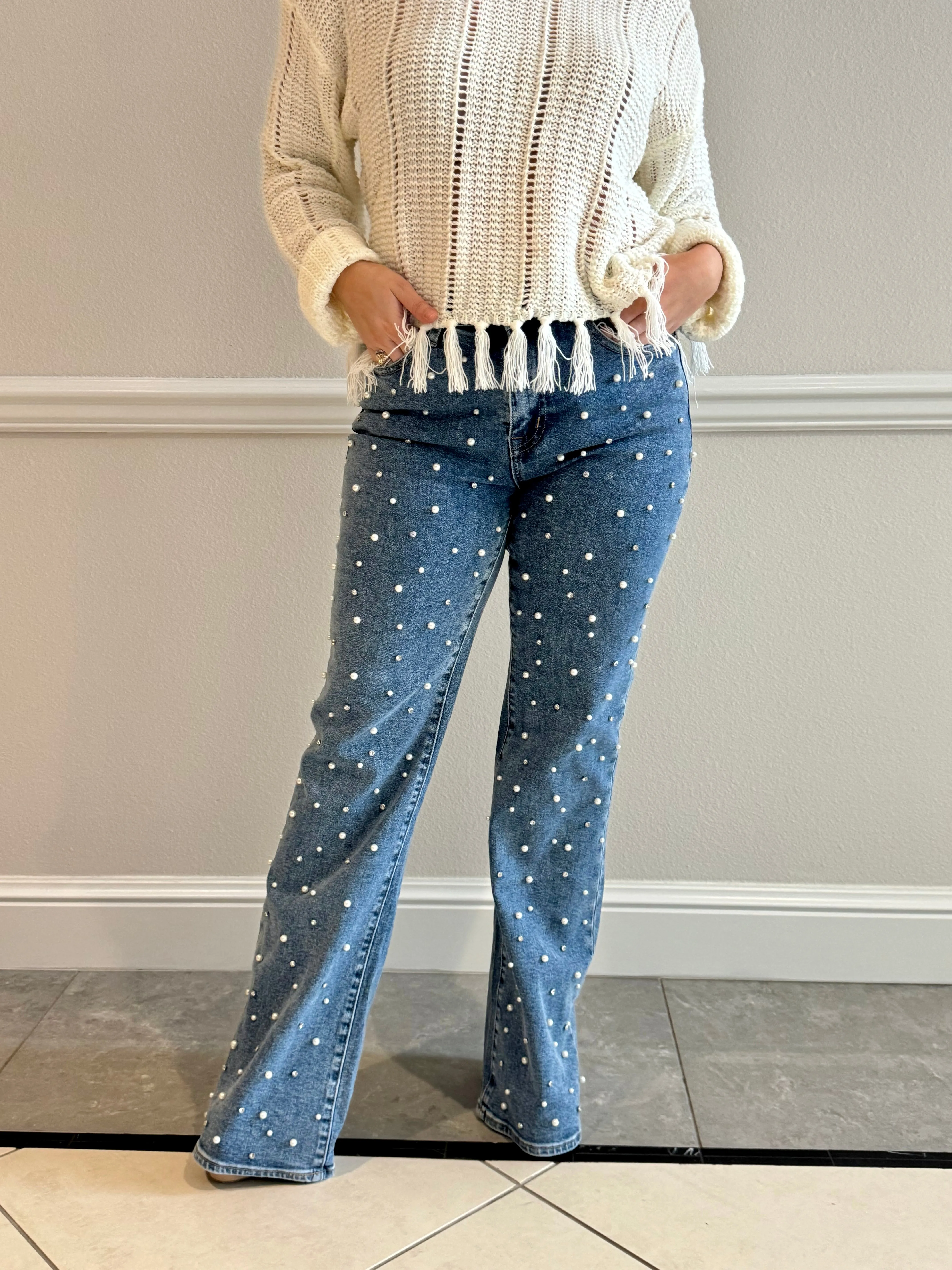 High Rise Wide Leg Pearl Jeans