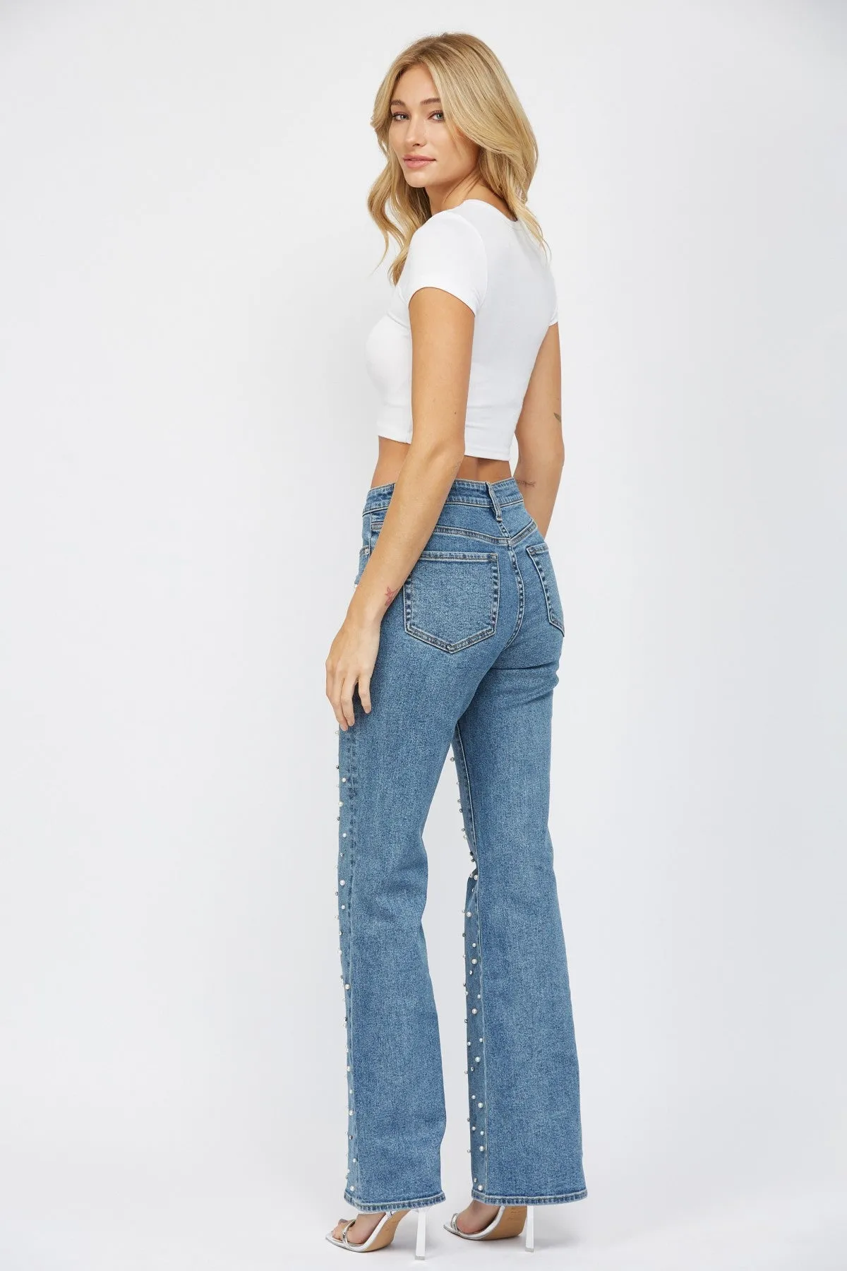 High Rise Wide Leg Pearl Jeans