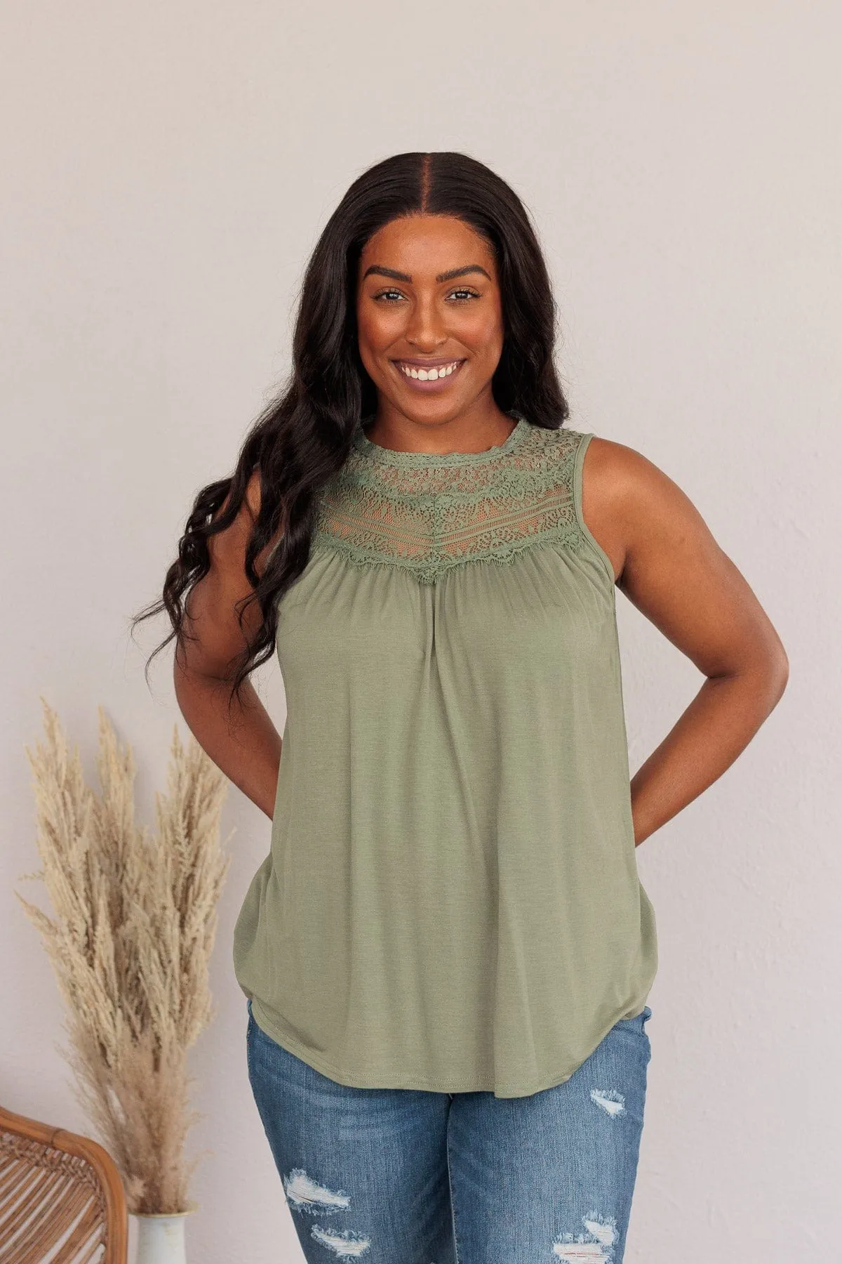 Intertwined Forever Lace Tank- Dusty Sage