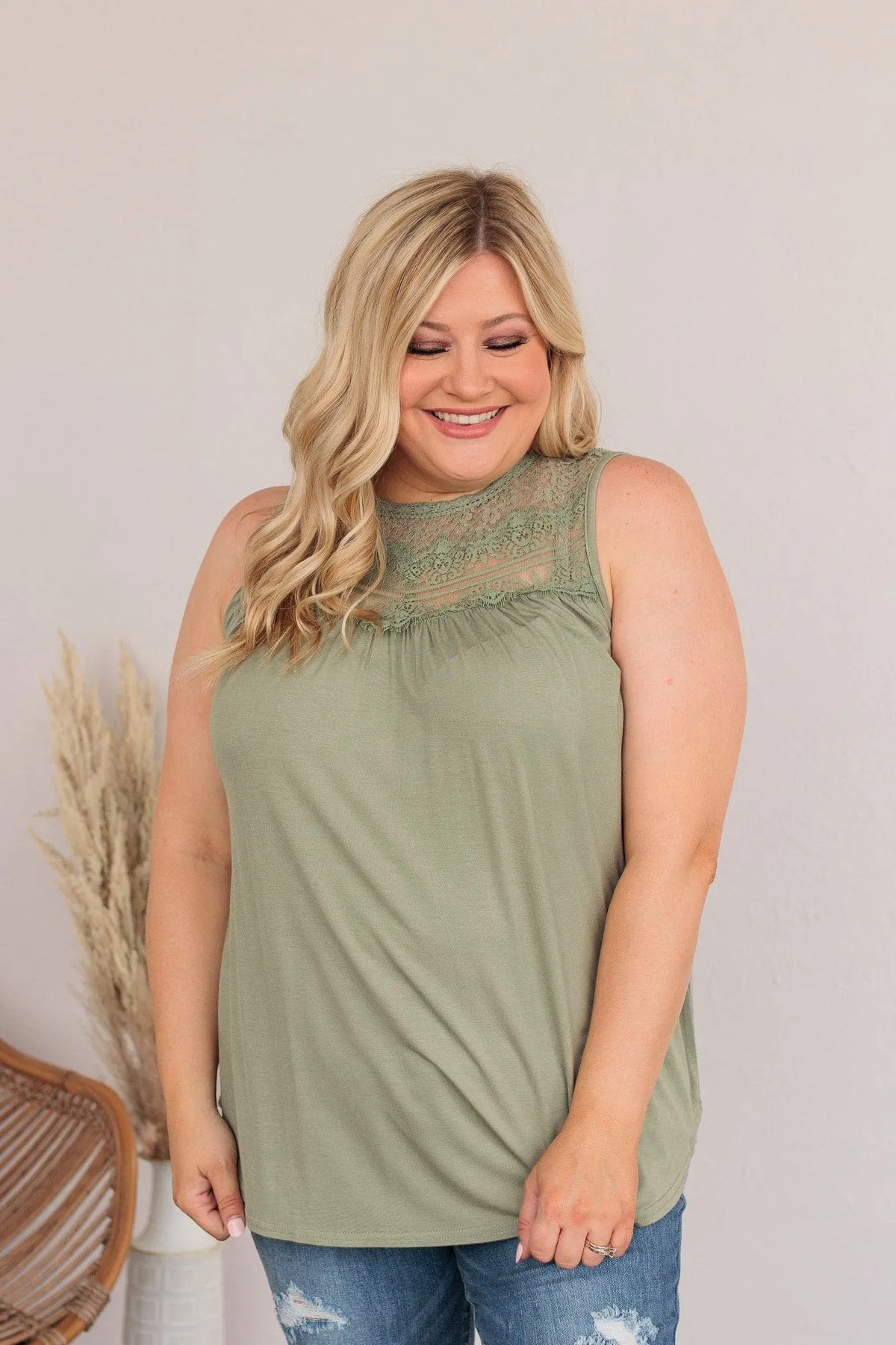 Intertwined Forever Lace Tank- Dusty Sage