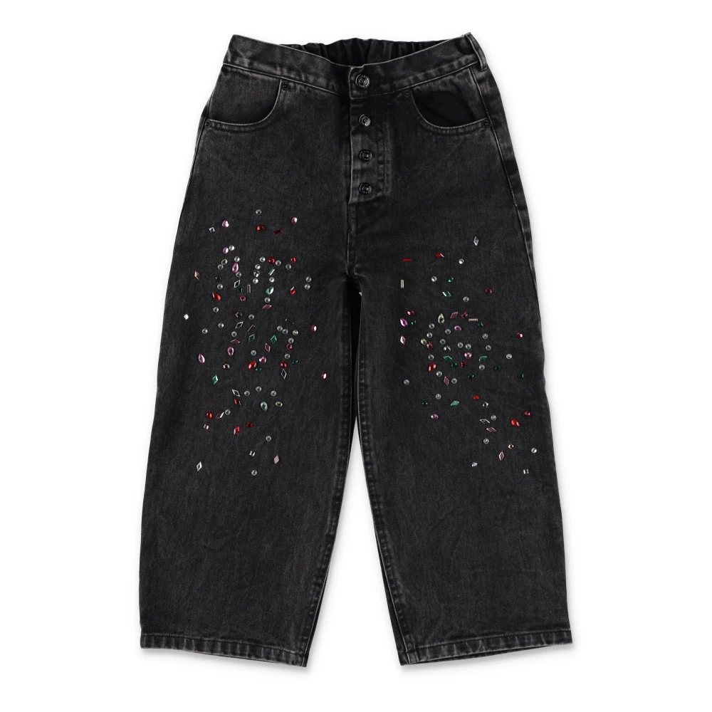 Jeans in Denimero con Decorazione in Strass