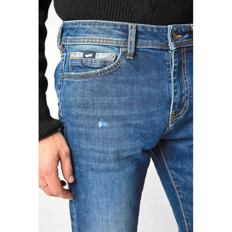 JEANS SKINNY IN DENIM SUPER STRETCH CON ROTTURE, BLU