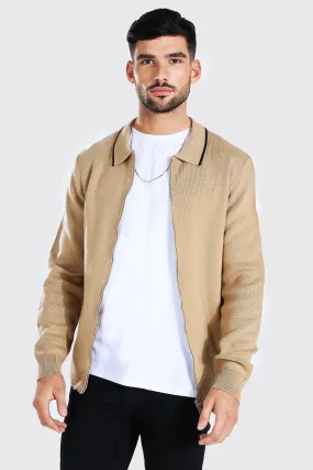 Knitted Harrington Jacket With Tipping | boohooMAN UK